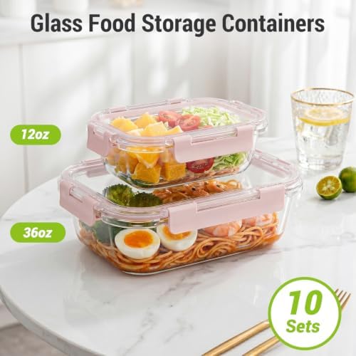 Dealusy 10 Sets 36 oz & 12 oz Glass Food Storage Containers with lids, Pink - Image 2
