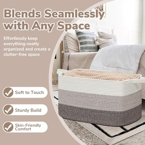 Goodpick Large Woven Rope Blanket Basket, Rectangle, White Brown - Image 5