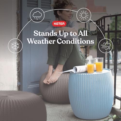 Keter Urban Knit Pouf Ottoman Set of 2 with Storage Table for Patio and Room Décor - Perfect for Balcony, Deck, and Outdoor Seating, Misty Blue & Taupe - Image 4