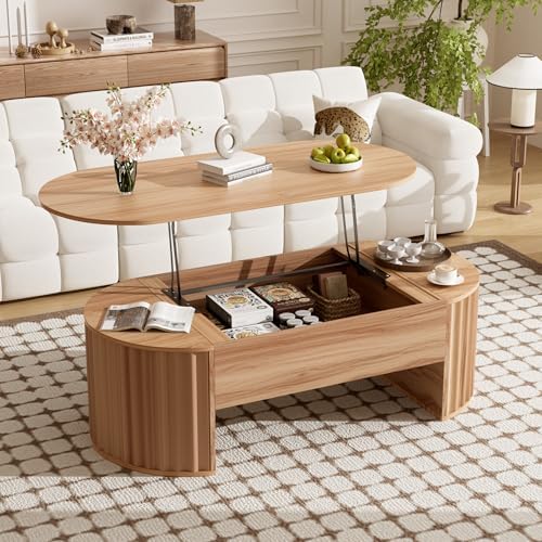 Merax 47.2'' Lift Top Oval Coffee Table with Hidden Storage Compartment, Modern Wooden Center Table with Oval Lift Tabletop for Home Living Room, Light Brown by Merax