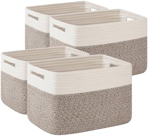 OIAHOMY 4 Pack Storage Basket, 13"x9"x7.8" Cotton Rope Baskets for Shelves, Closet Organizer for Bedroom & Living Room, Soft Decorative Bins for Organizing Towels, Books & Toys, Deep Brown & White by MasterofSpaceOptimization