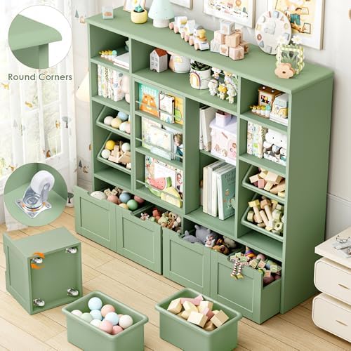 FINETONES Toy Storage with Sliding Bookshelf, Toy Organizer with 4 Bins - Image 6