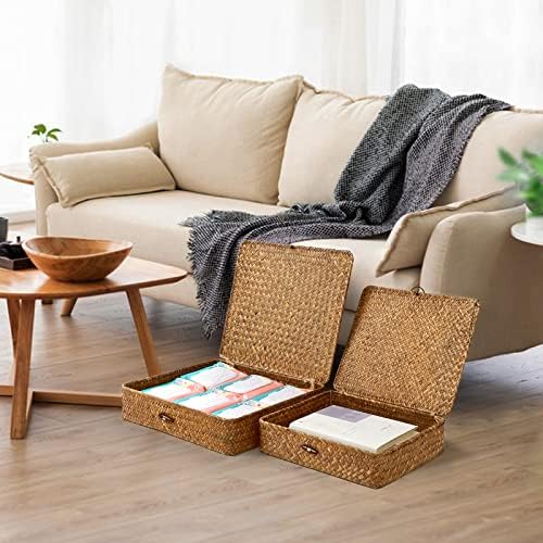 Set of 2 Flat Seagrass Storage Bins with Lid Wicker Storage Baskets for Organizing, Woven Shelf Organizer Bins Home Utility Organizer Box for Home & Office Supplies (Caramel) - Image 6