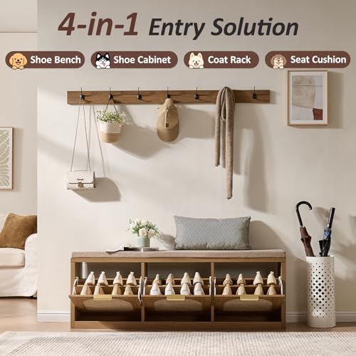 Rattan Narrow Entryway Bench with Shoe Storage, 3 Flip Drawers & Coat Rack, Mid-Century Modern Wood Shoe Cabinet with Seat Cushion for Foyer/Hallway (Rustic Oak Rattan) - Image 5