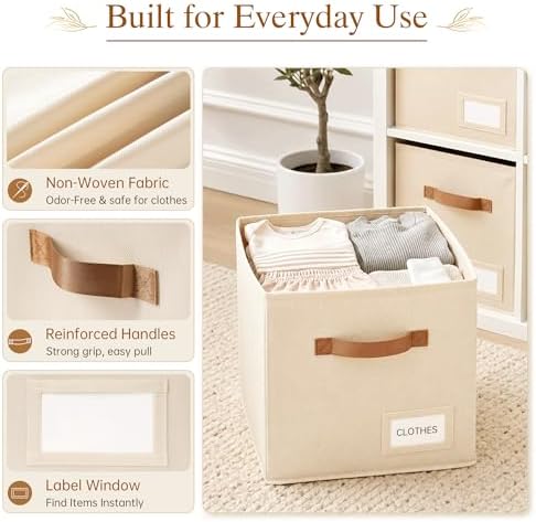 Storage Cubes 10 Pack, 11 Inch Fabric Storage Cubes Organizer Bins with Labels, Odor-Free & Sturdy PP Structure, Cubby Baskets for Closet, Shelves, Toys & Nursery (Beige) - Image 3