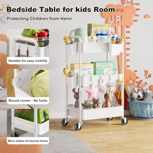 3 Tier Heavy Duty Metal Rolling Storage Cart Organizer with Wheels, White - Image 6