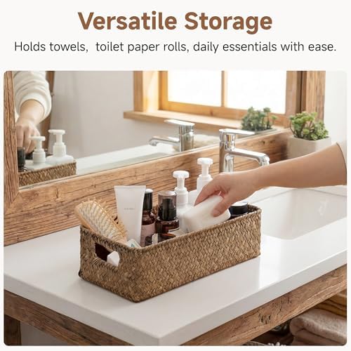 StorageWorks Wicker Seagrass Baskets, Toilet Basket Tank Topper, Brown - Image 2