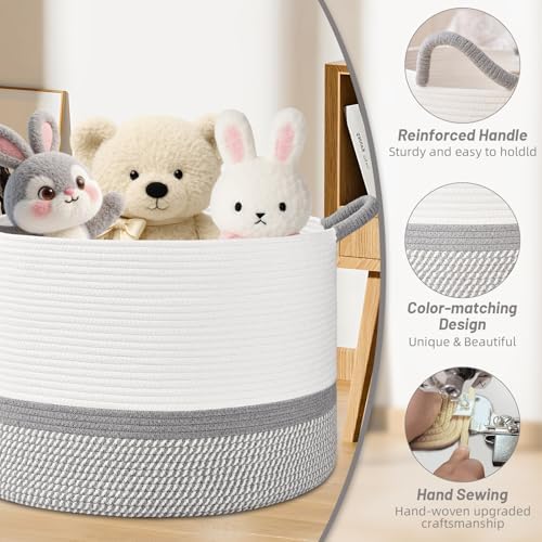 67L Large Blanket Basket, 20"x13" Blanket Basket Living Room, Woven Baskets With Handle, Toy Baskets for Blankets, Nursery, Dog, Pillow, Gift (White & Light Grey) - Image 5