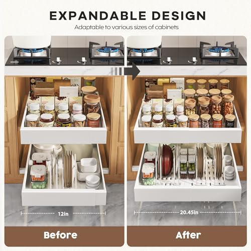 Seinloes 6 Pack Pull Out Cabinet Organizer 21"Deep with Raising Pad for Framed Cabinets,Expandable Slide Out Drawers with 4pcs Divider Racks,Roll Out Shelf Adhesive,Adjustable Width 12.05"-20.4"White - Image 3