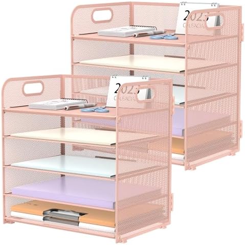 SUPEASY 2 Pack 5-Tier Pink Desk Organizer with Handle Mesh Desk File/Paper Organizer Letter Tray for Office, School and Home Easy Installation, Rosepink by SUPEASY