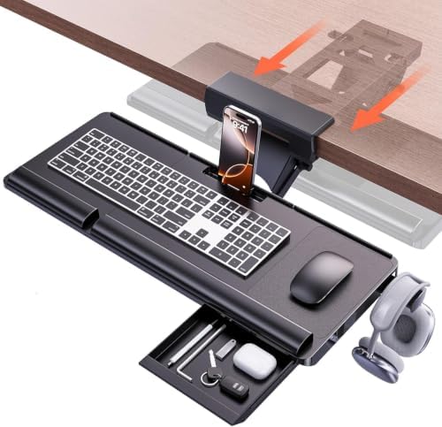 Klearlook Upgraded Ergonomic Keyboard Tray Under Desk, Adjustable Sliding Keyboard Platform Holder, Keyboard Stand with Wrist Rest & Storage Drawer for Home, Office and Gaming, 24.4"x10" by KlearlookMaximizedClarity