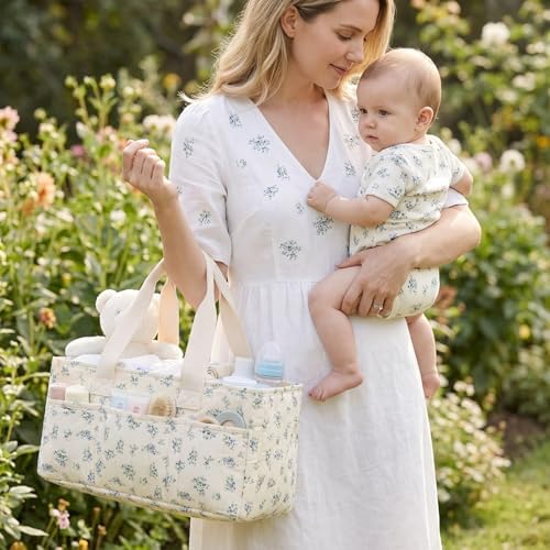 Floral Baby Diaper Caddy Organizer with Lid, Gift Basket for Baby Shower - Image 6