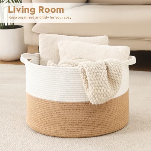 Foldable Laundry Hamper Basket with Collapsible Handle Cotton Rope Soft Woven Fabric Storage Organizer Clothes Toys Nursery Bedroom Dorm Space Saving Bin (White & Camel, 80L(21.7"D x 13.8"H)) - Image 2
