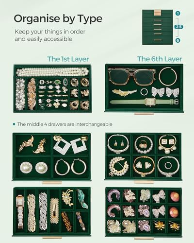 SONGMICS Jewelry Box Organizer, 6-Layer Storage with 5 Drawers, Glass Lid - Image 3