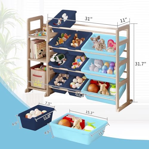 Toy Storage Organizer - Toy Organizers and Storage with Bookshelf, Toy Storage Shelf with 3 Shelves and 12 Storage Bins, Kids Bookshelf and Toy Storage for Kids Room, Playroom, Bedroom, Nursery, Blue - Image 2
