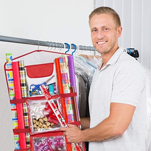 ProPik Hanging Double Sided Wrapping Paper Storage Organizer With Multiple Pockets Organize Your Gift Wrap, Gift Bags Bows Ribbons 40"X17" Fits 40 Inch Rolls Clear PVC Bag (Red) - Image 6