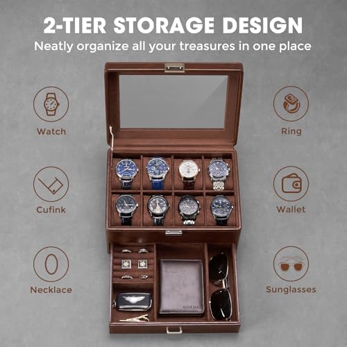 ProCase Premium Watch Box for Men, Jewelry Organizer Box with Drawer, Display Storage Case with Glass Lid -Brown, 8 Slot - Image 5