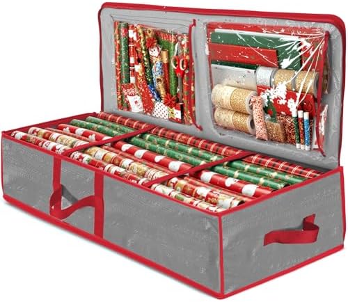 ZOBER Gift Wrapping Paper Organizer Storage - 40" Gift Wrap Storage Containers With Interior Pockets For Bows, Tags & Ribbons - Wrapping Paper Holder, Waterproof, Fits 24 Standard Rolls (Gray) by ZOBER