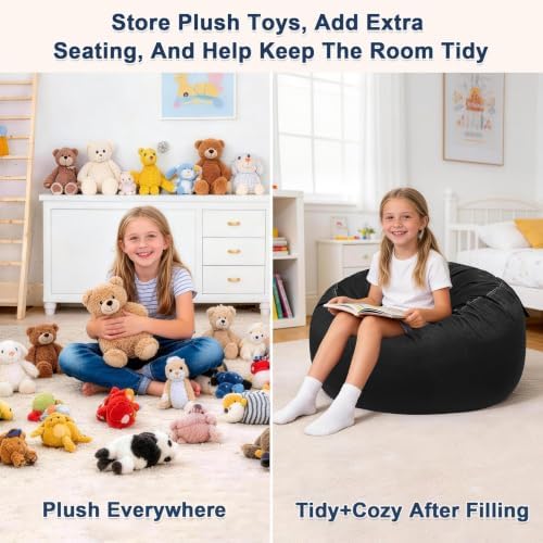 Lukeight Stuffed Animals Storage Bean Bag Chair Cover for Kids, Cozy Velvet Plush Toy Organizer Seat, Cover Only, No Filling Included, Long YKK Zipper, Side Pocket, X-Large 30 x 18 in - Image 3