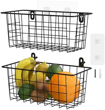MaraFansie Hanging Kitchen Baskets Wire Storage Basket Adhesive and Screws Basket Over the Cabinet Door Organizer with Adhesive Strips and Screws Accessories, 2 Pack, Black by MakeStorageMoreFun
