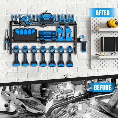 Heavy Duty Power Tool Organizer Wall Mount - 3 Tier Metal Tool Rack with 7 Drill Holders, 300LB Capacity for Garage, Workshop, Pegboard Storage - Image 4