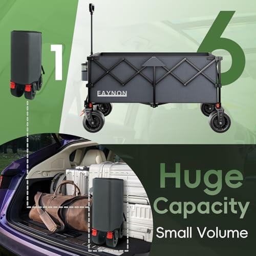 46" L Collapsible Foldable Extended Wagon, 500LB Weight Capacity with 280L Heavy Duty Folding Cart,Utility Wagon with All-Terrain Beach Wheel & Drink Holders,Gray - Image 4