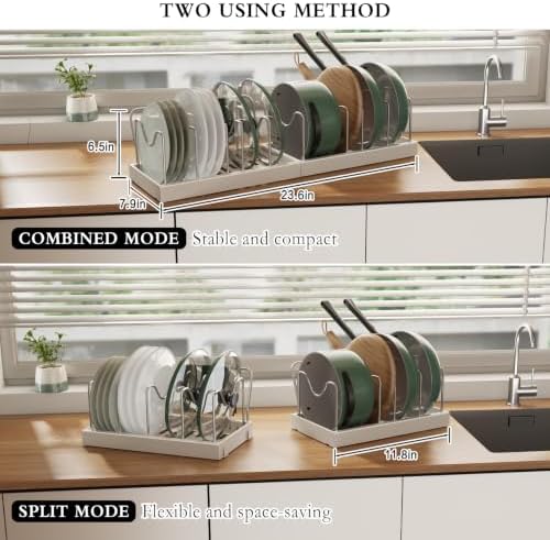CICUFY 2 Pack Pots and Pans Organizer Under Cabinet, 12"-23" Pot Lid Holder Rack Inside Cabinet with 10 Adjustable Dividers, Pan Lid Organizer with Guardrail For Kitchen Countertop, White - Image 2