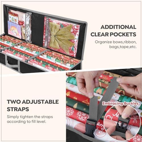 BALEINE Soft Christmas Wrapping Paper Storage Bag, 40" Durable PE Gift Wrap Storage Bag with Flexible Partitions and Pockets for Ribbon, Accessories (Black) - Image 2