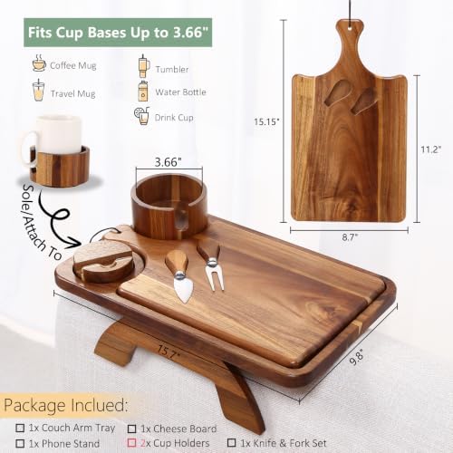 Nnewvante Acacia Wood Couch Arm Table with Charcuterie Board & Cheese Knife - Image 2