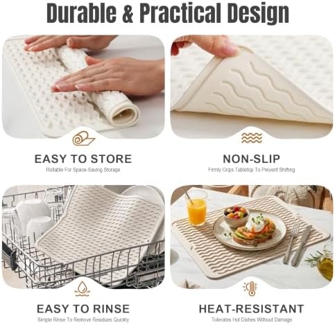 2 Pack Silicone Dish Drying Mat for Kitchen Counter Dining Place Mats Waterproof Shower Caddy Organizer Sink Protector Appliance Storage Vanity Trays Dryer Rack Drainers Items 15"x11.5" Beige - Image 6