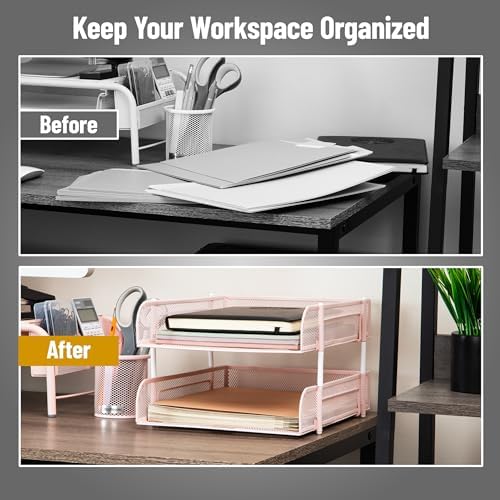 Mind Reader Stackable Paper Tray, Desktop Organizer, File Storage, Office, Metal Mesh, 2 Pcs, Pink - Image 5