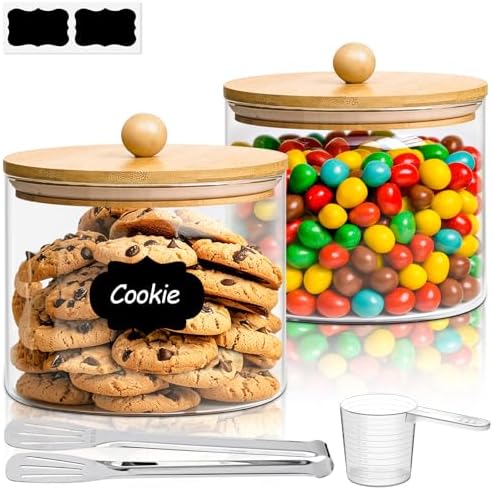 ComSaf Glass Storage Jars with Bamboo Lids 1.8 Qt 2 Pack Large Round by ComSaf