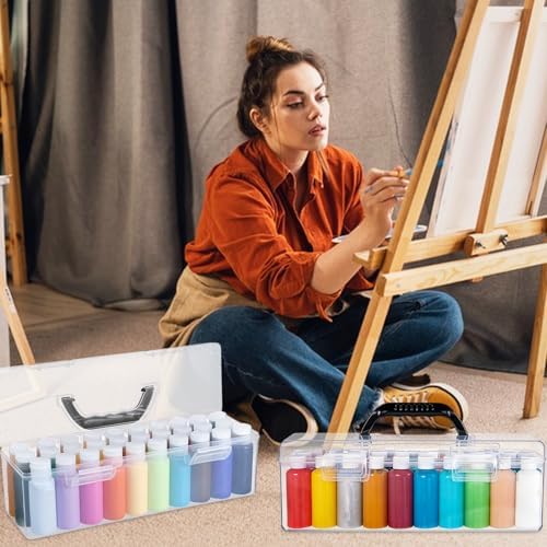 MUXHEL 3 Pcs Acrylic Paint Storage Organizer Box with Handle, 30 Bottles Craft Paint Storage Organizer, Clear Plastic Paint Storage Box for 2 Fl. oz Acrylic Paints - Image 5