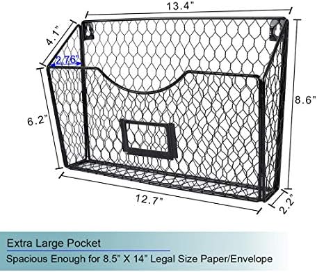 PAG-Mass 3 Pockets Hanging File Holder Wall Mount Mail Organizer Metal Chicken Wire Magazine Rack with Tag Slot, Black - Image 6