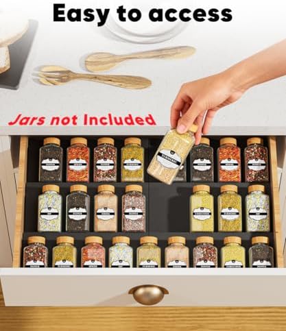 Spice Drawer Organizer, Spice Rack Tray for Kitchen Cabinet, Expandable Seasoning Storage Rack Insert for Drawer/Countertop,6 Pieces Set, ABS (Jars Not Included) - Image 5