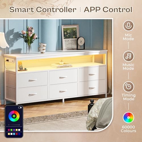 Huuger LED TV Stand for Bedroom, 55 Inch Fabric Dresser with Power Outlets, Entertainment Center for 60, 55, 50 Inch TV, 6 Drawer Dresser for Bedroom, Chest of Drawers with Shlef, PU Leather, White - Image 4