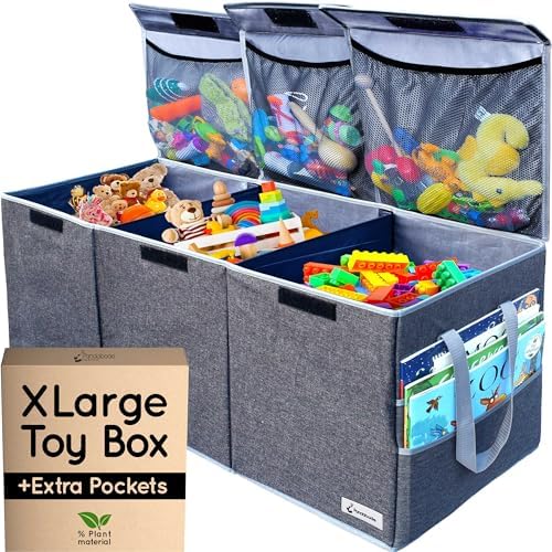 Extra Large Toy Box - Big Sturdy Collapsible Chest - Toy Storage Organizer with Pockets - for Living Room or Kids bedroom- 36 x 16 x 12 in - Grey by Pandabode