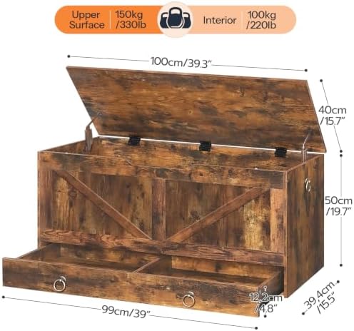 HOOBRO Storage Chest, 39.3" Toy Chest with Drawer, Wooden Storage Bench, Sturdy Entryway Bench Supports 330 lb, Shoe Bench, Safety Hinge, U-Shaped Opening, Easy Assembly, Rustic Brown FG710CW01G2 - Image 3