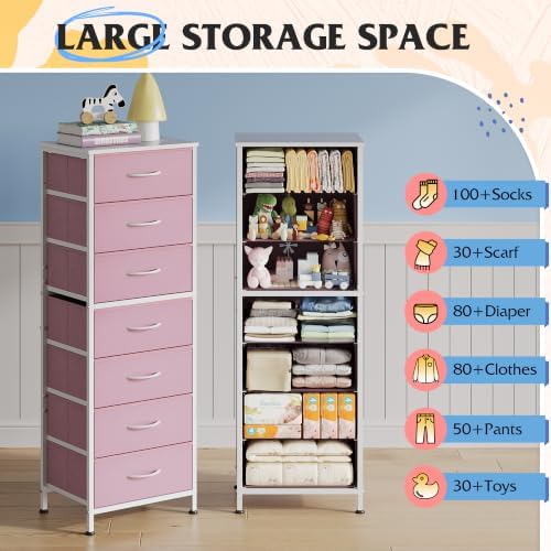 WLIVE Fabric Dresser for Bedroom, 7 Drawer Dressers Chest of Drawers, Pink - Image 6