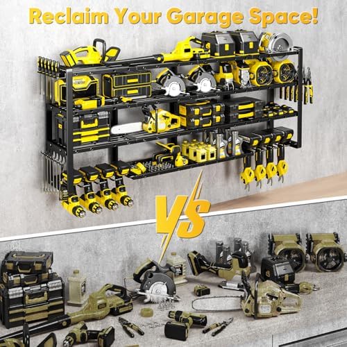 POKIPO Extra Large 64" W Power Tool Organizer Wall Mount, 1000 lbs Load Capacity, Heavy Duty 4 Tier Garage Storage Rack with 8 Drill Holders, 2 in 1 Corner or Straight Installation - Image 5