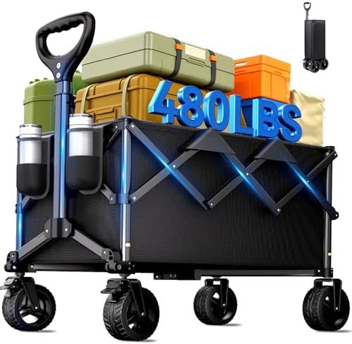 Collapsible Wagon Cart, 480lbs Heavy Duty Wagon with All-Terrain Wheels (Black) by Unknown