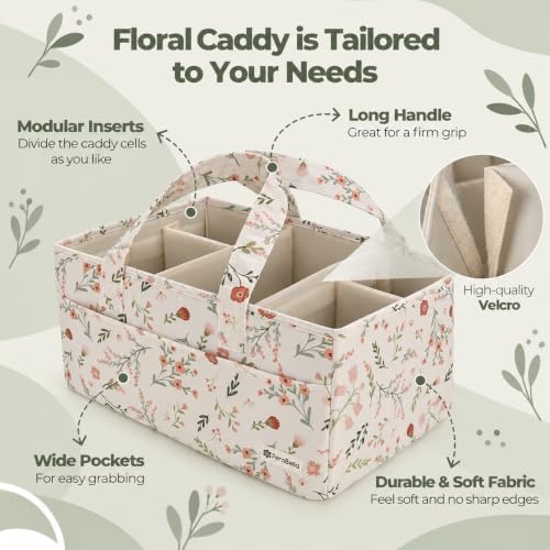 PeraBella Baby Diaper Caddy Organizer, Floral Baby Basket Shower Gift, Nursery Organizer Basket Newborn Boy & Girl Essential Items, Changing Table Organizer Caddy for Baby Stuff, Car Caddy- Wildflower - Image 7