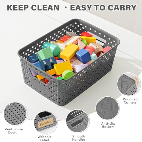 12 Pack Plastic Storage Baskets for Organizing, Storage Baskets for Shelves with Handles, Small Storage Bins with Labels, Classroom Storage Organization for Cabinet,Closet, Office,Gray - Image 4