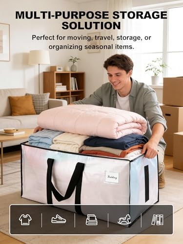 HOMESURE8 Pack 40 Gal Large Strong Moving Bags with Zippers & Carrying Handles - Water-Resistant - Heavy Duty Storage Tote for Space Saving, Fold Flat, Alternative to Moving Box (Semi-Transparent) - Image 4