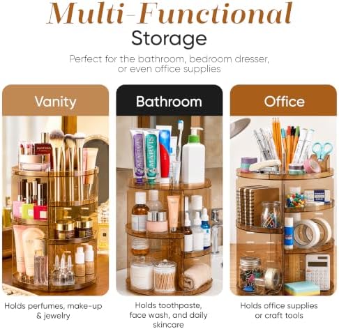 Masirs 360 Rotating Makeup Organizer Countertop, Adjustable Shelf, Brown - Image 6
