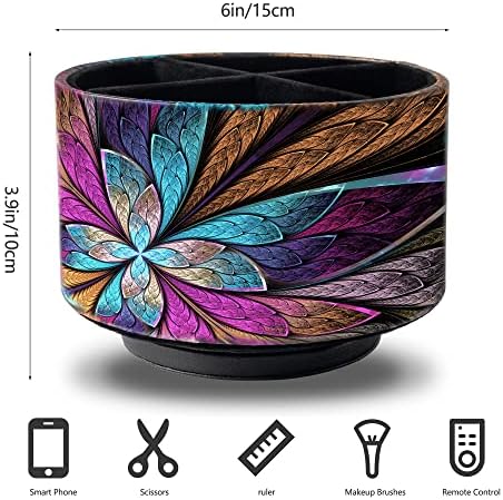 Remote Control Holder Round Leather Art Supply Organizer, PU Leather Pencil Stationery Desk Storage Makeup Organizer for Heater Controllers TV Remotes, 4 Compartments, 360 Degree Spinning - Image 2