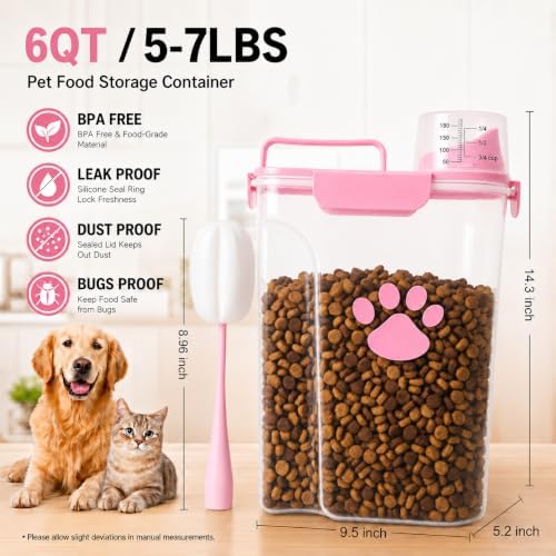 5-7Lbs Airtight Dog Cat Food Storage Container with cleaning brush,Measuring Cup,4 Snap Seals,Portable Pet Food Containers with Upgraded Large Nozzle for Dogs,Cats,Birds,Small Animals(Large-Pink) - Image 2