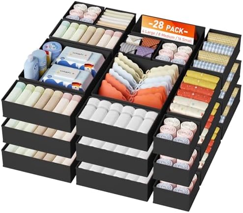 DIMJ Drawer Organizer Clothes, 26Pack Dresser Organizer, Foldable Closet Organizers and Storage, Fabric Dresser Bins, Drawer Dividers for Nursery, Baby Clothes, Underwears, Sock,Black by DiMJ