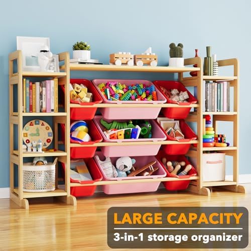 SpaceAid Large Toy Storage Organizer 9 Shelves 9 Bins, Toy Organizers Storage Bookshelf, Kids Bin Shelf Toys Box Bookcase for Bedroom Playroom Organization Room Decor, Red and Pink - Image 2