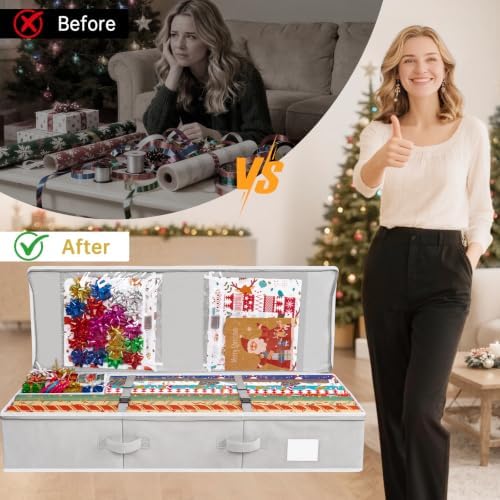 Criusia Gift Wrapping Paper Organizer Storage, Durable Underbed Storage Container Fits 24 Rolls, with Removable Dividers and Pockets for Ribbon, Ornaments, Holiday Accessories, Grey - Image 3